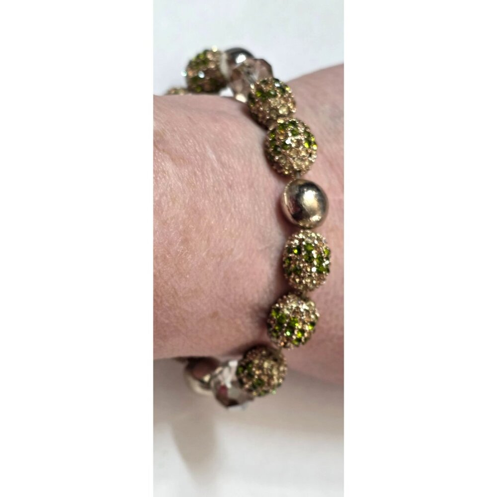 Vtg Goldtone Peach Green Pave Rhinestones Crystal Beads‎ Beaded Stretch Bracelet